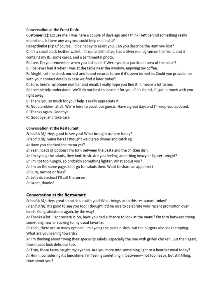 Conversation at The Front Desk PDF Lunch Foods