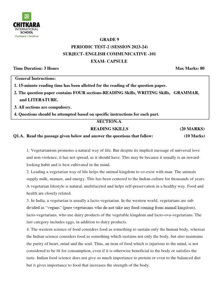 Grade 9 English Communicative Test 2023-24 | PDF