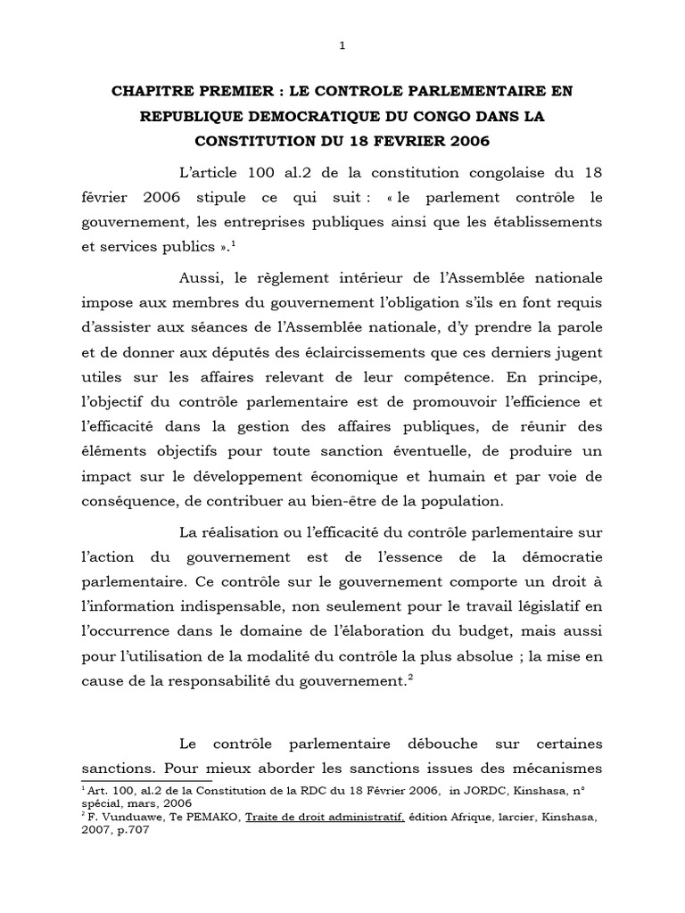 Contrôle parlementaire en RDC 2006 | PDF | Constitution | Premier ministre
