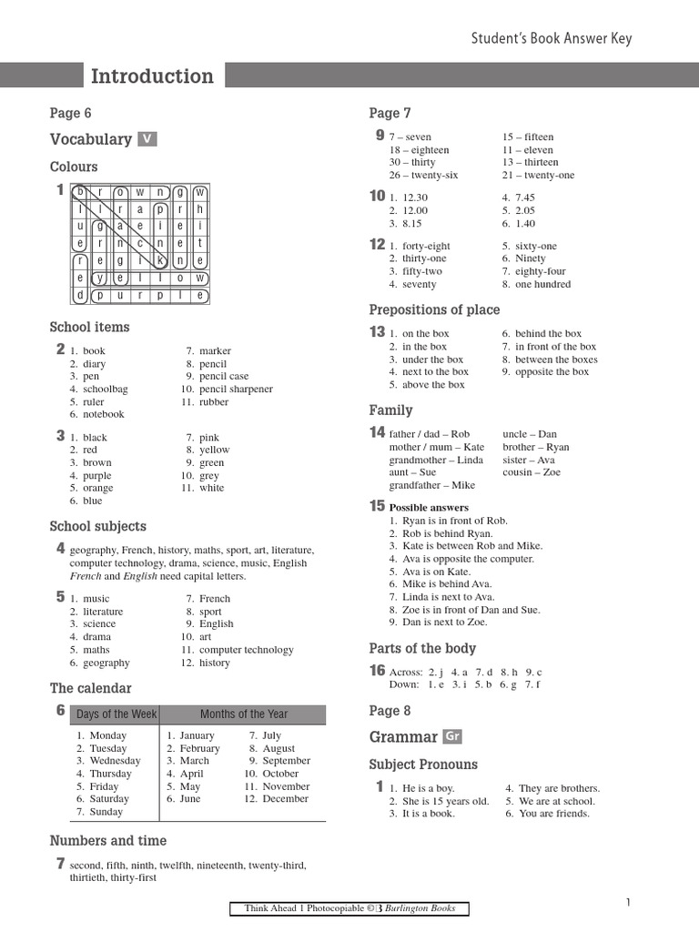 Think Ahead 1 Answer Key Guide | PDF