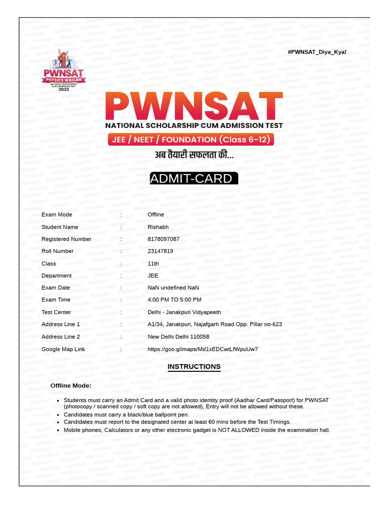 PWNSAT Admit Card Instructions 2023 | PDF