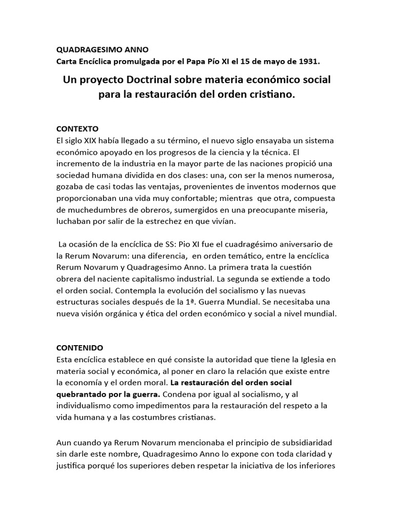 Quadragessimo Anno, Resumen PDF Teorías políticas Ideologías