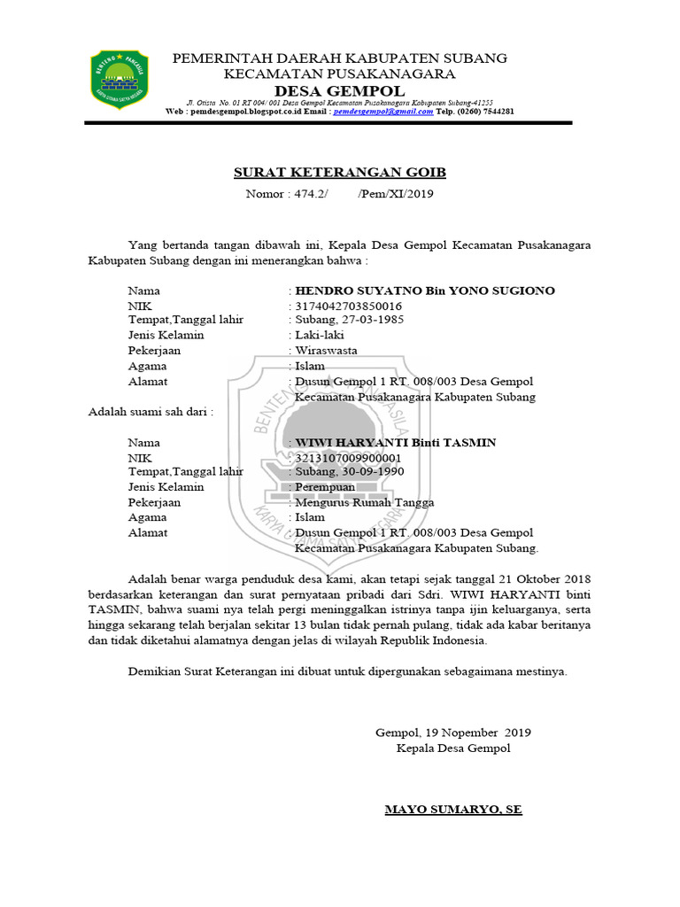 Surat Keterangan Ghoib Gempol Subang | PDF
