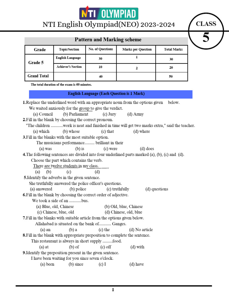 Grade 5 English Olympiad Practice Test | PDF | English Language | Adverb