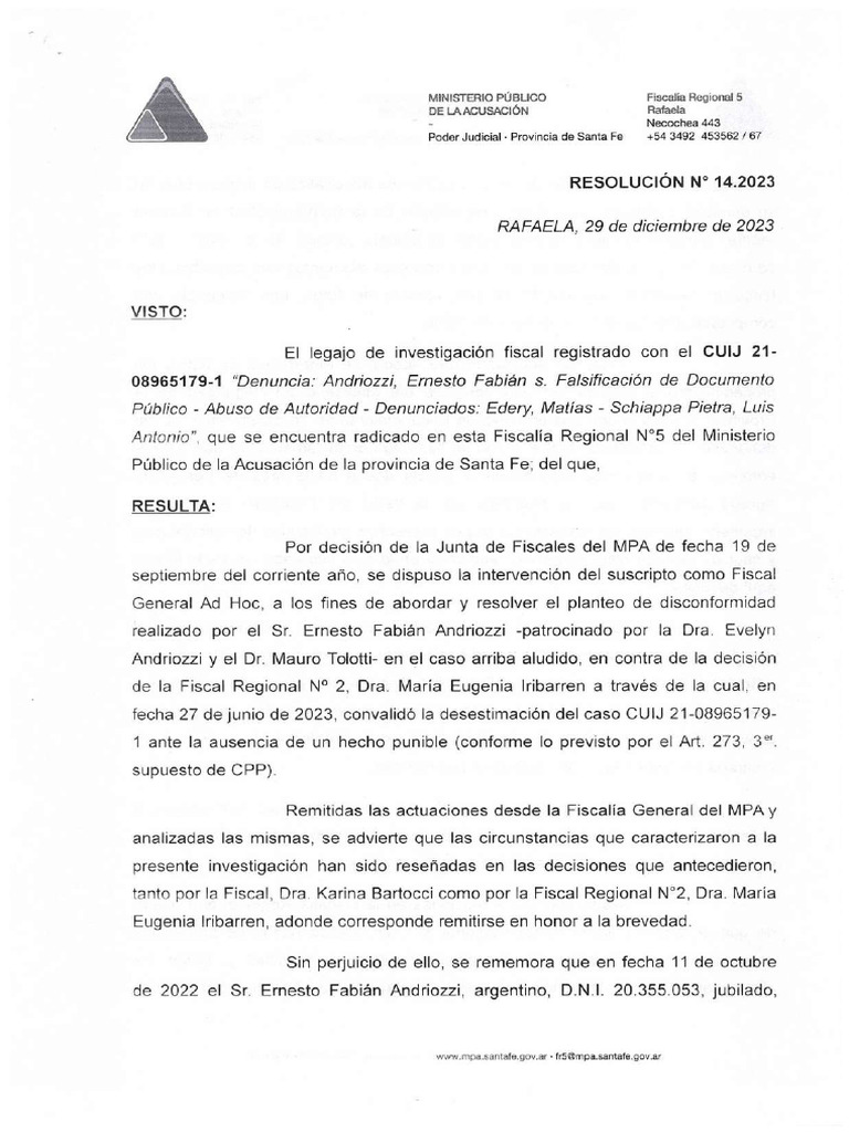 Res. 14.2023 Disconformidad en El Caso CUIJ 21-08965179-1 Denuncia ...