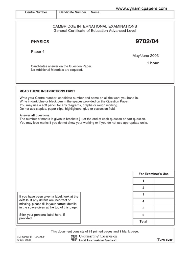 Physics Paper 4 Instructions and Data | PDF | Teaching Methods & Materials