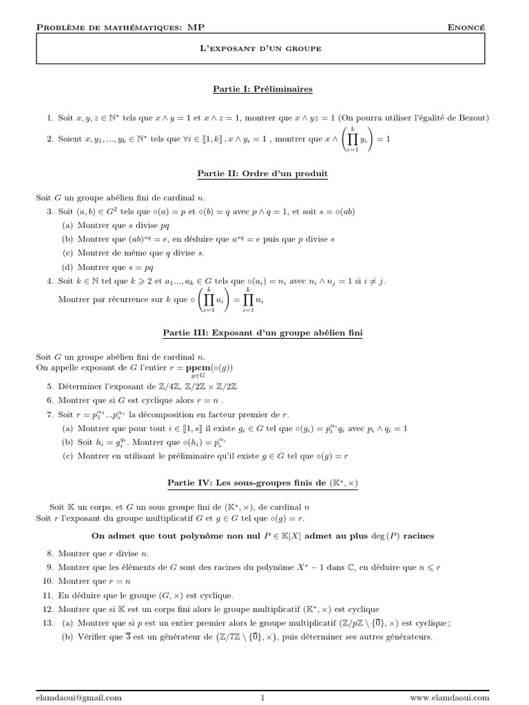 Exposant d'un groupe abélien fini PDF Groupe (Mathématiques — free download