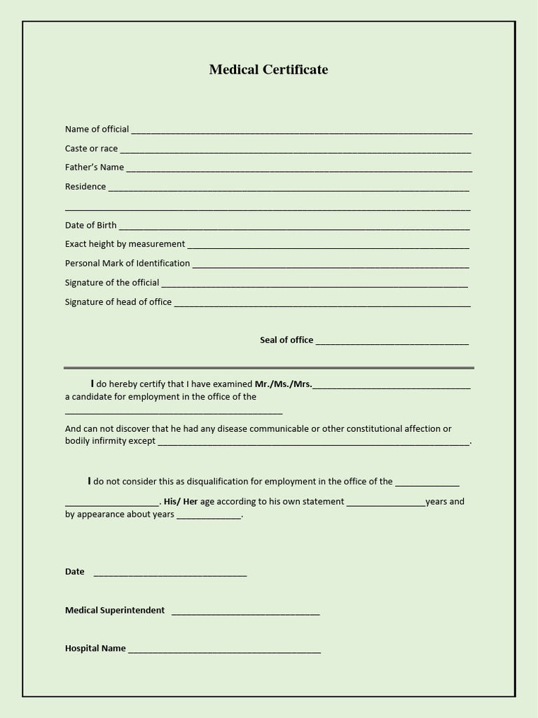 Medical Employment Certificate Template | PDF