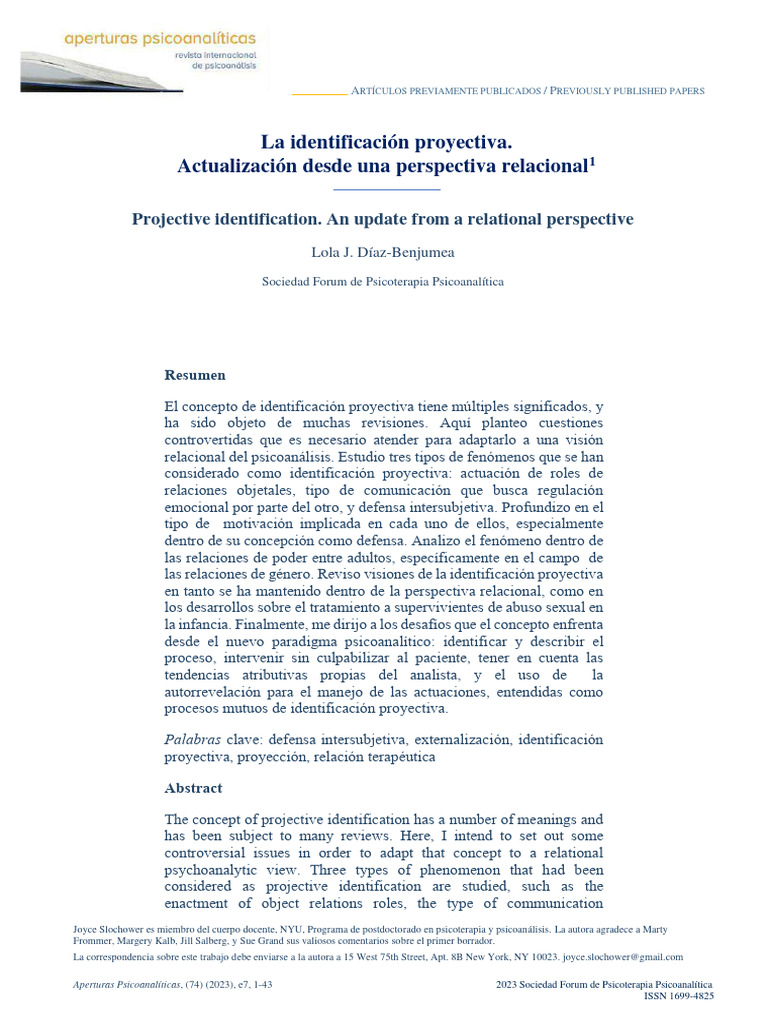 Identificacion Proyectiva Descargar gratis PDF Psicoanálisis Las
