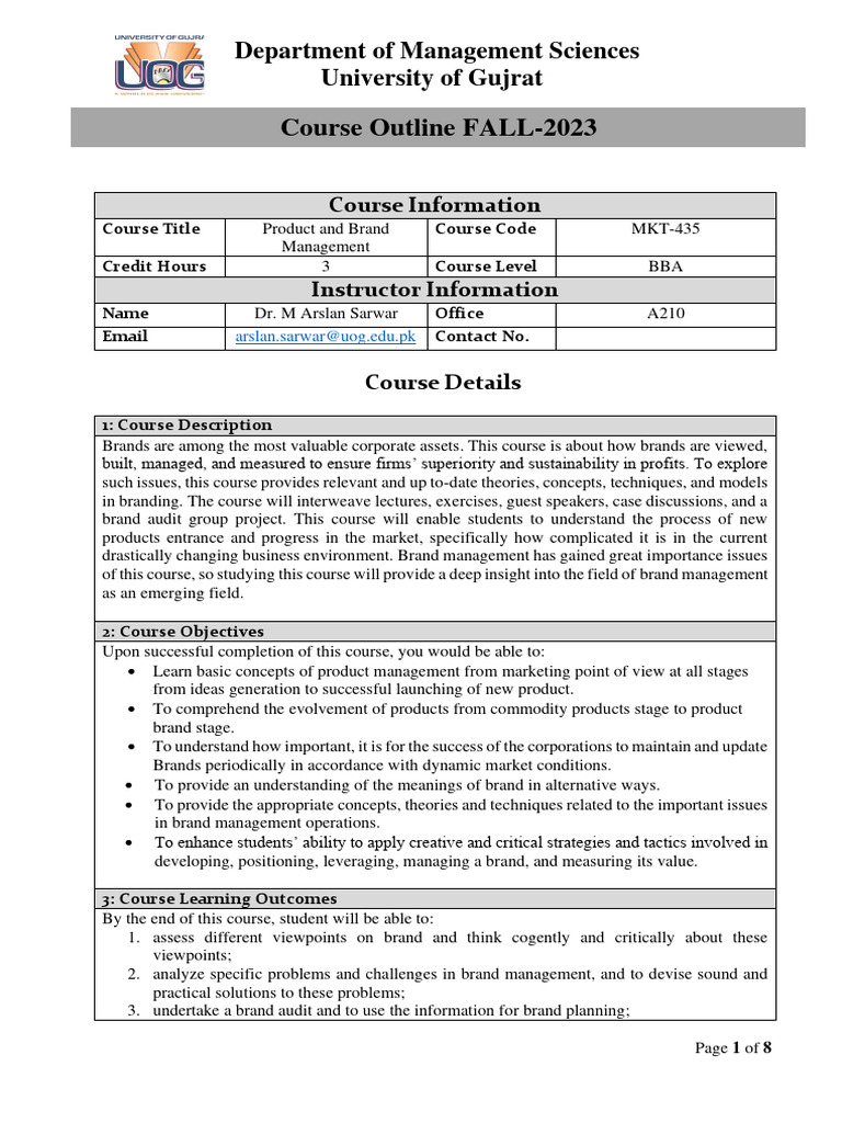 Course Outline FALL-2023: Department of Management Sciences University ...