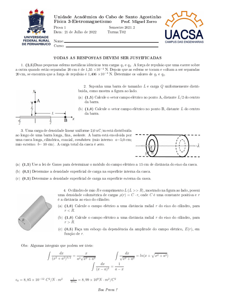 Prova de Eletromagnetismo - Física 3 | PDF | Campo elétrico ...