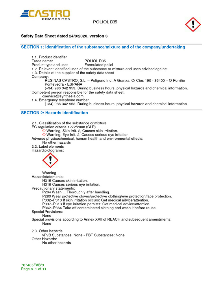 Poliols D35 Safety Data Sheet | PDF