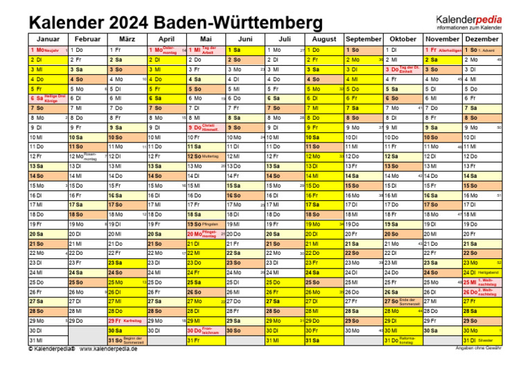 Kalender 2024 Baden Wuerttemberg Querformat PDF