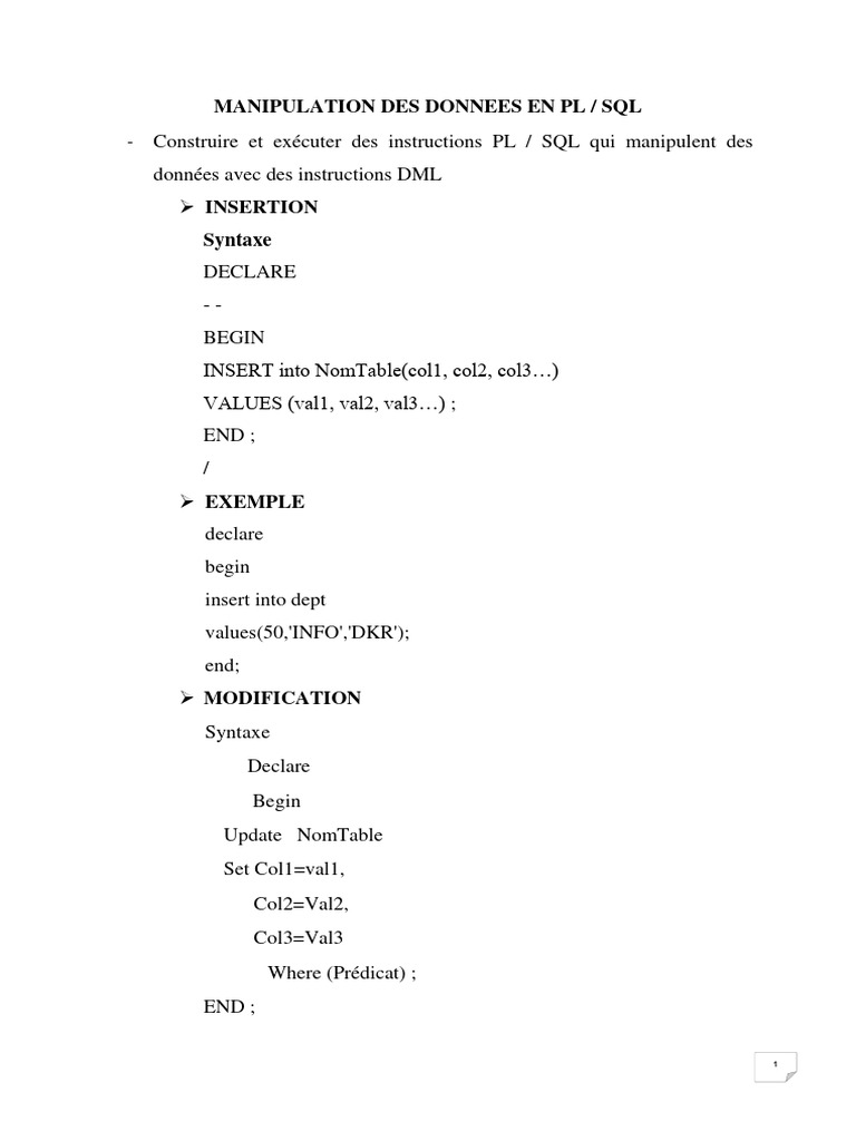 Manipulation des données en PL/SQL | PDF | SQL | PL/SQL
