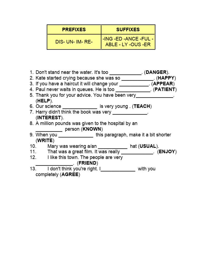 Prefixes and Suffixes Exercises | PDF