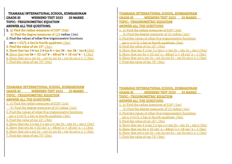 Xi - Trigonometry - Weekend Test - 12-5-23 | PDF