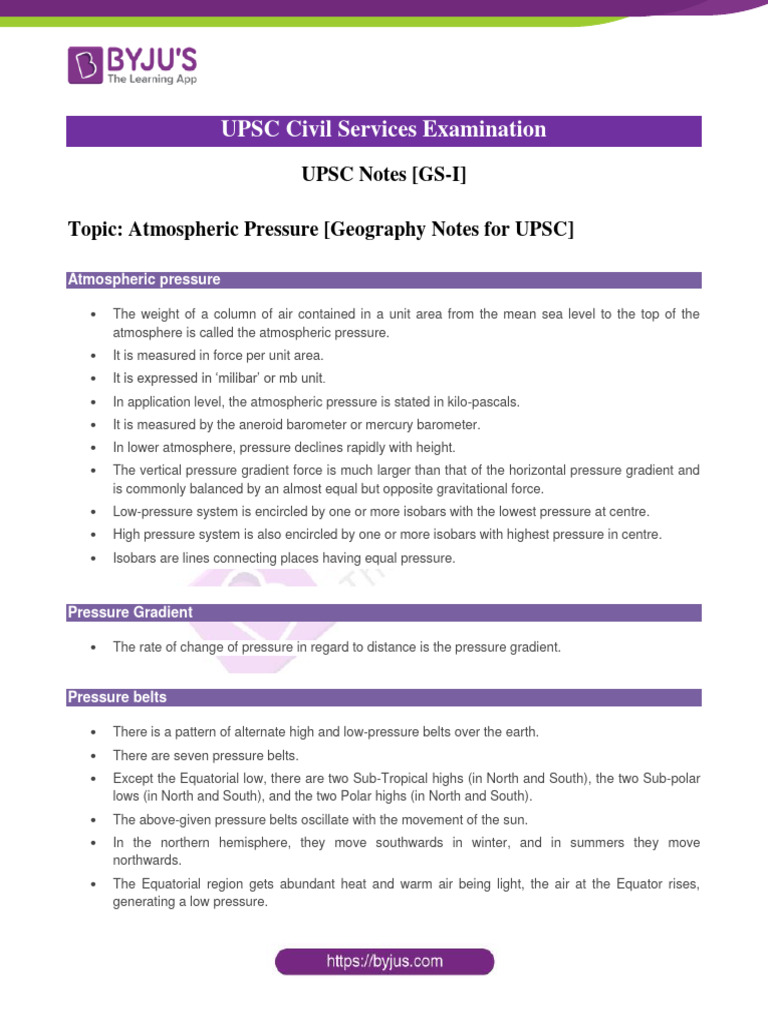 Atmospheric Pressure Geography Notes For UPSC PDF