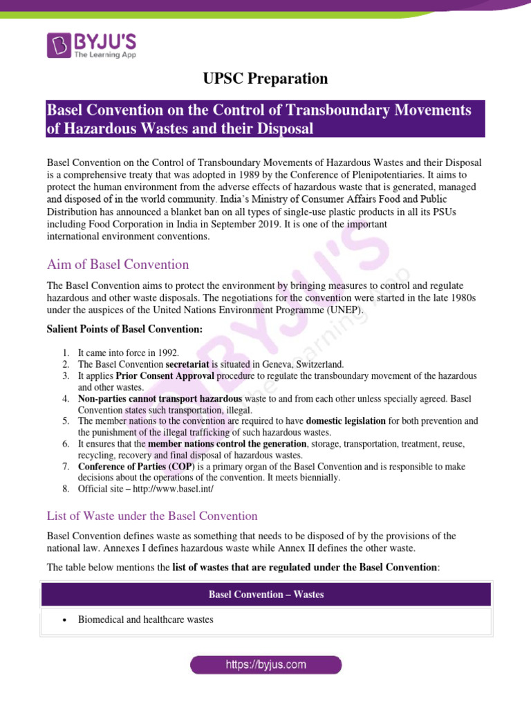 Basel Convention UPSC Notes PDF Waste Hazardous Waste