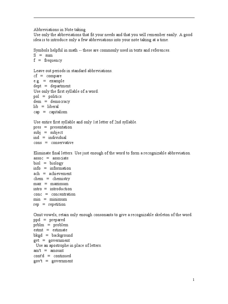 Abbreviations for Effective Note Taking | PDF | Syllable | Philology