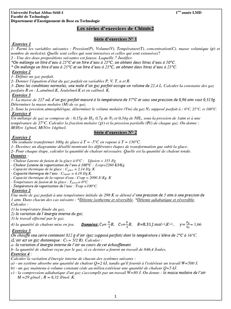 Exercices de Chimie : Gaz et Réactions | PDF | Méthodes et références ...