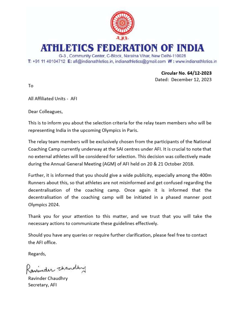 Circular No. 64 Selection Criteria For Relay Team at Olympics PDF