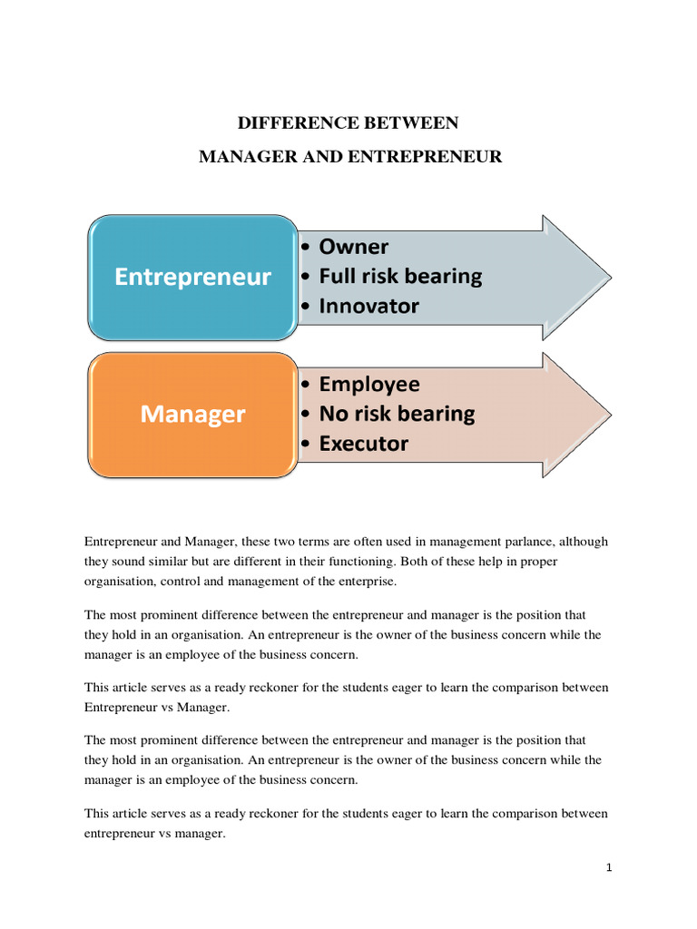 Difference Between Manager And Entrepreneur PDF Entrepreneurship Goal