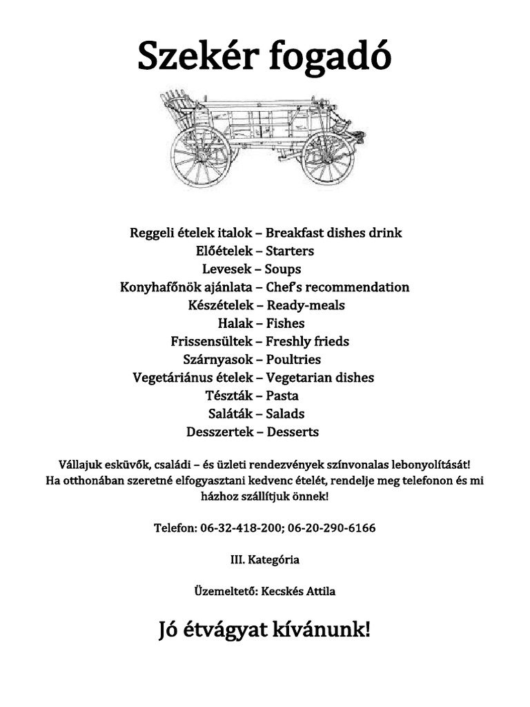Szekér Fogadó Éttlap | PDF