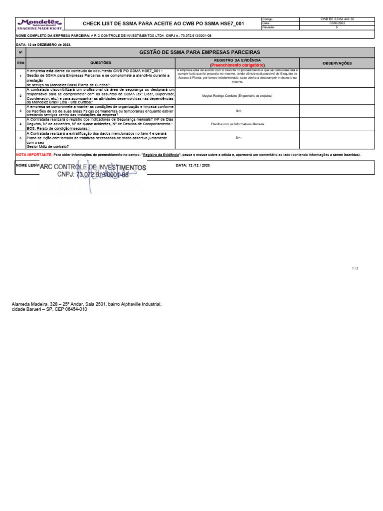 Check List de Ssma para Aceite Ao CWB Ssma Hse7 - 001 | PDF