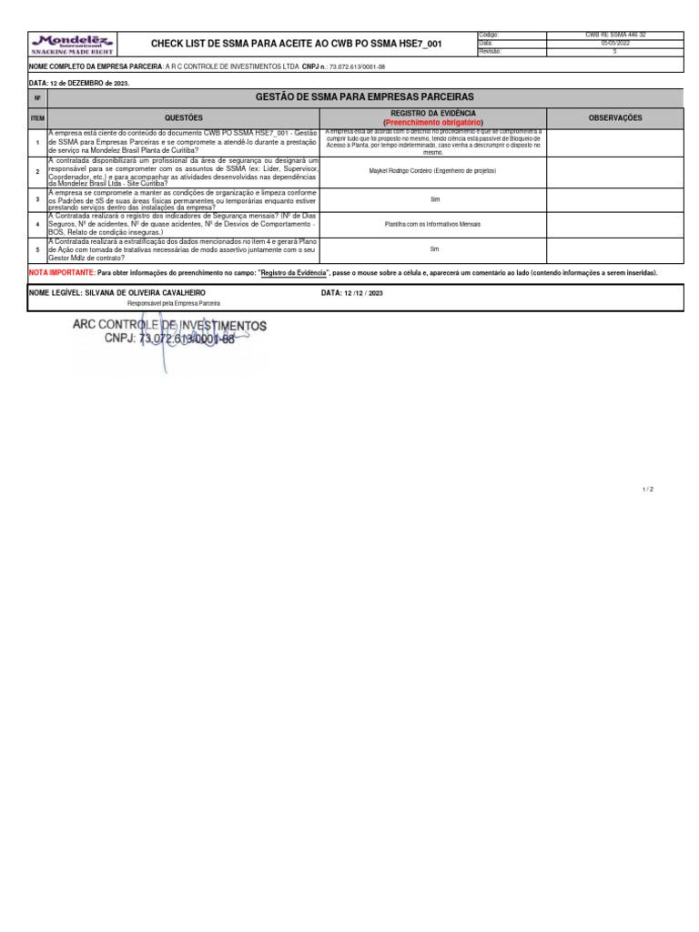 Check List SSMA para Empresas Parceiras | PDF
