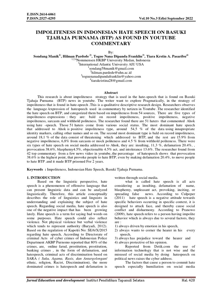 Impoliteness in Indonesian Hate Speech | PDF | Hatred | Defamation