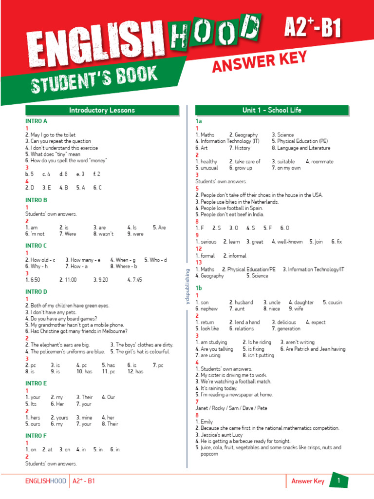 Englishhood a2 b1 students book answer key pdf