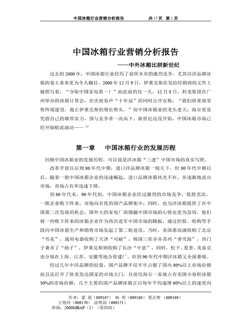 中国冰箱行业营销分析报告（第四组） | PDF
