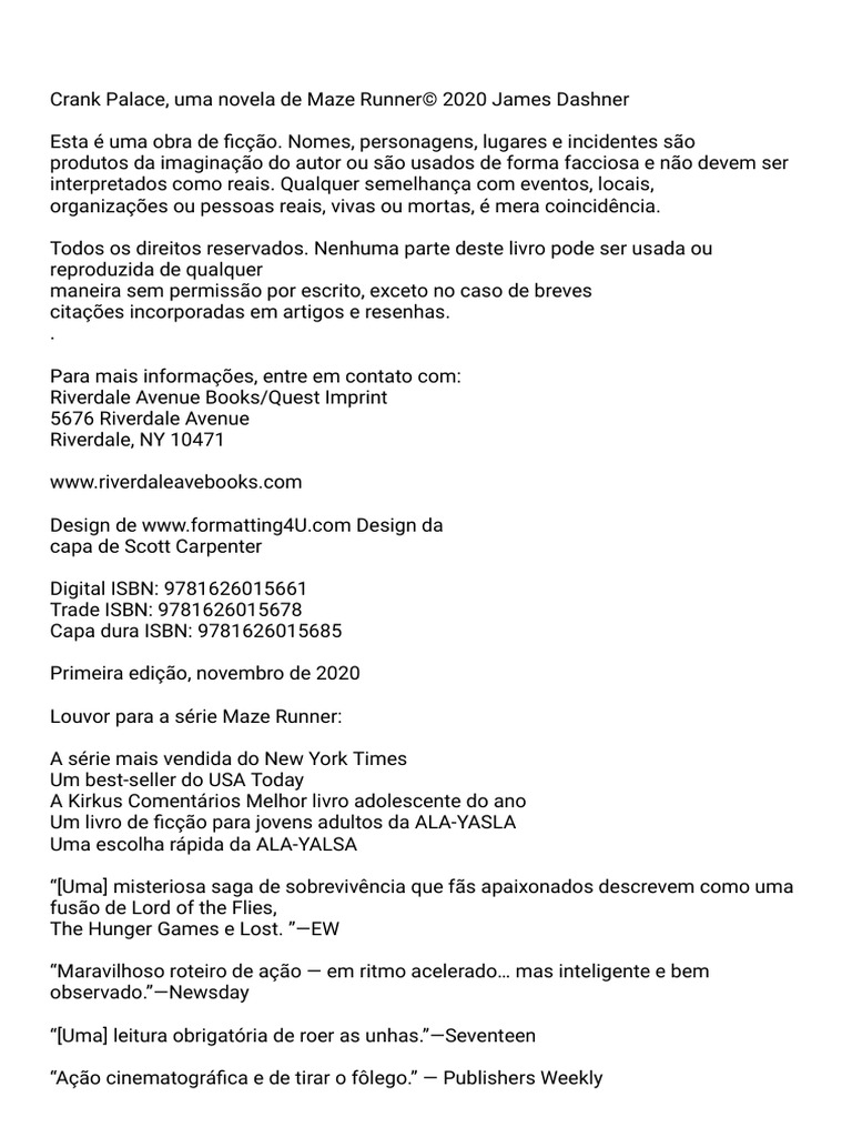 Crank Palace A Maze Runner NovellaPortuguês PDF Pensamento Amor