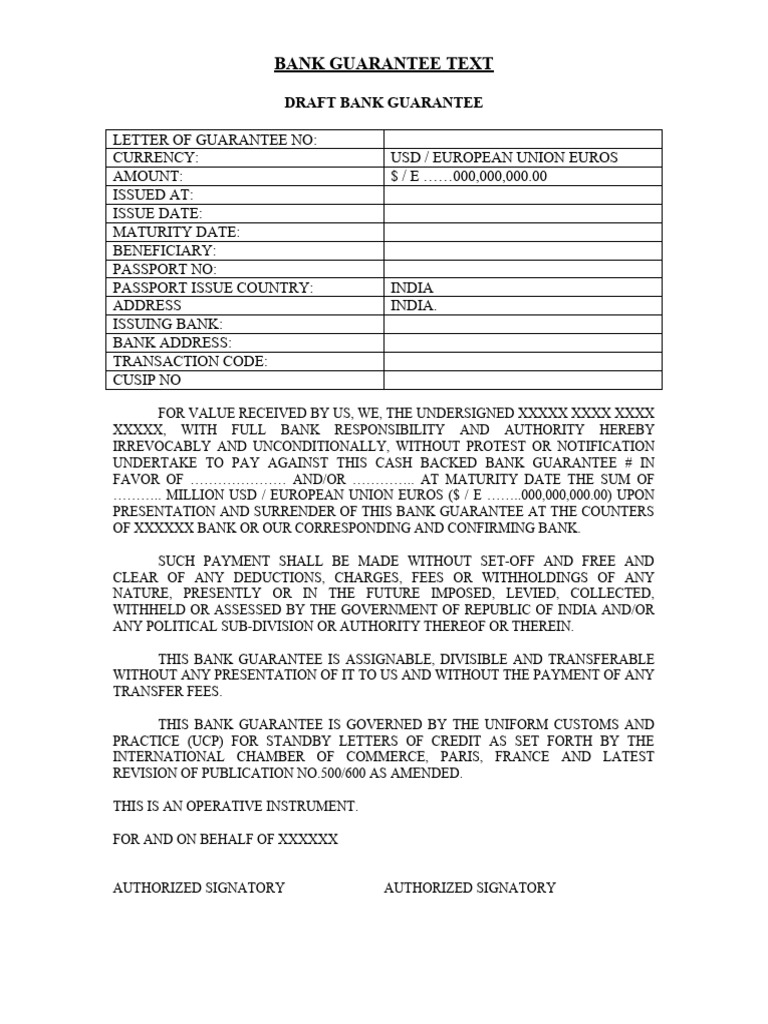 Cash Backed Bank Guarantee Draft | PDF