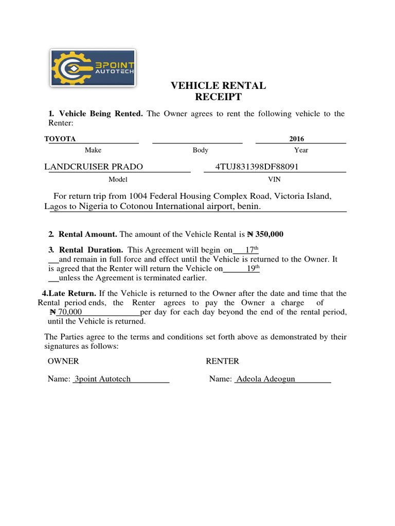 Vehicle Rental Receipt Template Nigeria | PDF