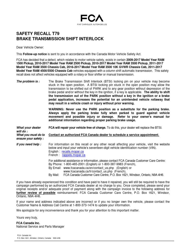 Safety Recall T79 Brake Transmission Shift Interlock The Problem Is PDF