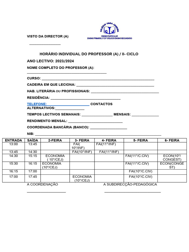 Horário Individual do Professor 2023/2024 | PDF