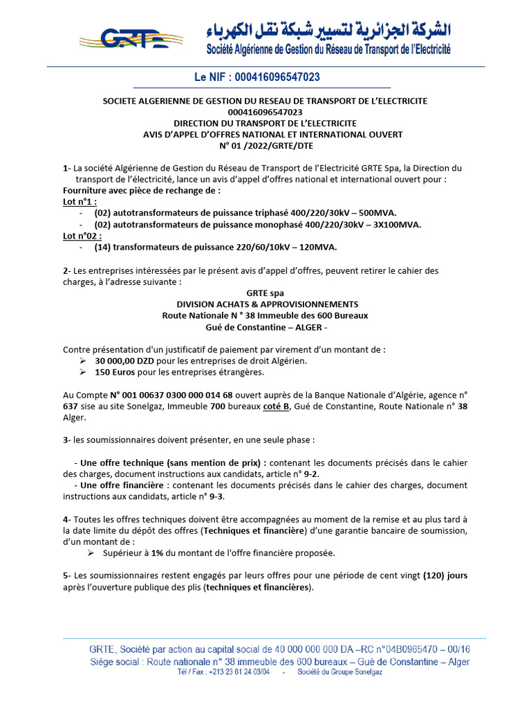 Appel d'Offres Transfo Électrique GRTE 2022 | PDF | Réseau électrique ...