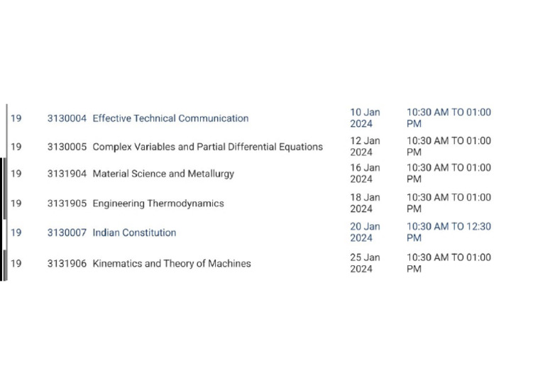 Final Exam Time Table Jan 2024 | PDF