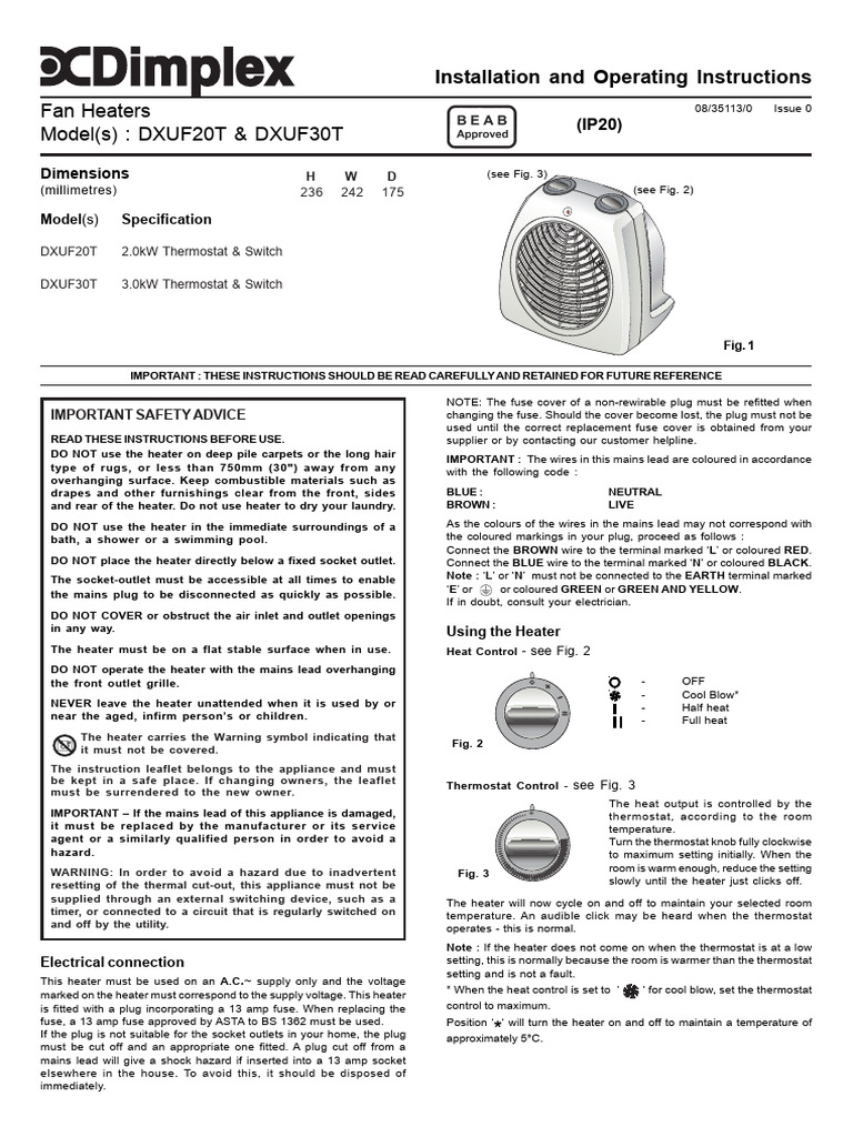 Dimplex Fan Heater DXUF20T & DXUF30T Manual | PDF | Ac Power Plugs And ...
