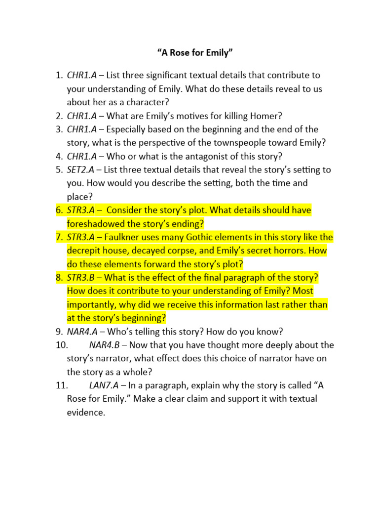 Rose For Emily Questions PDF