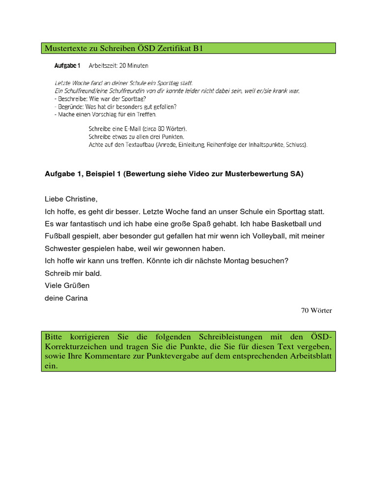 Mustertexte Zu Schreiben OeSD Zertifikat B1 - 2022 | PDF