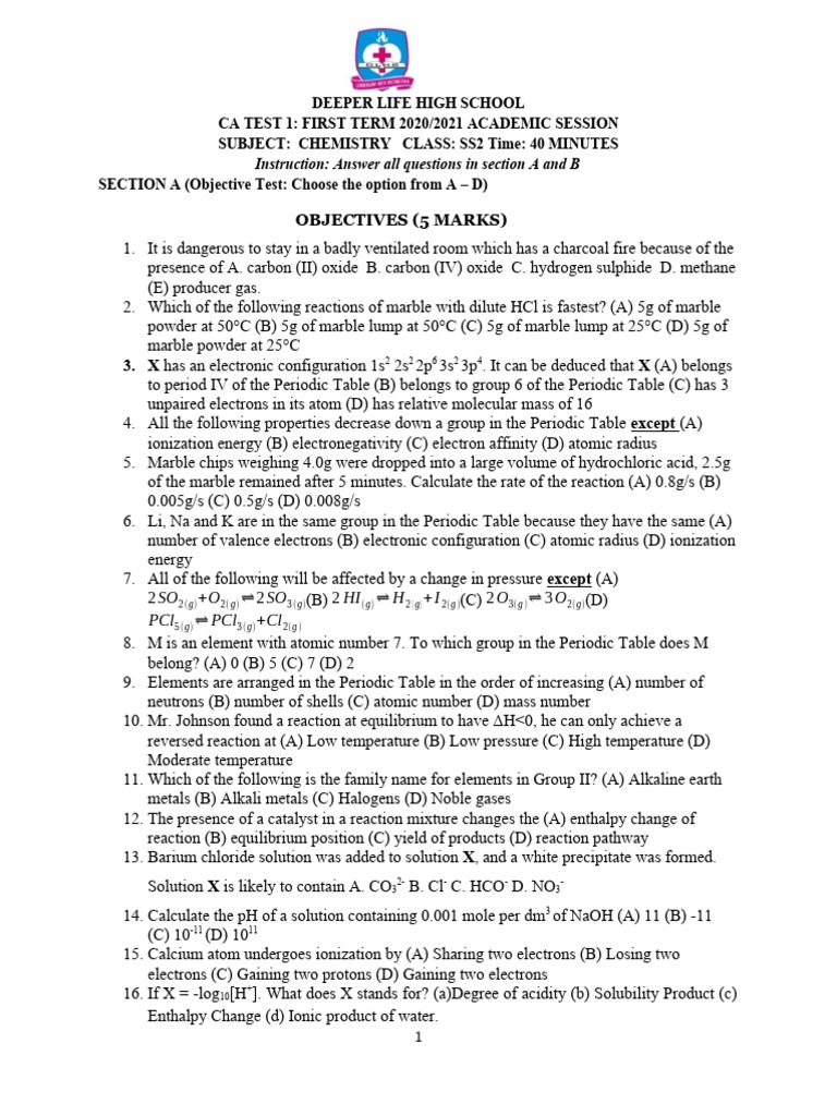SS2 Chemistry First Term Exam 2020 | PDF | Periodic Table | Chemistry