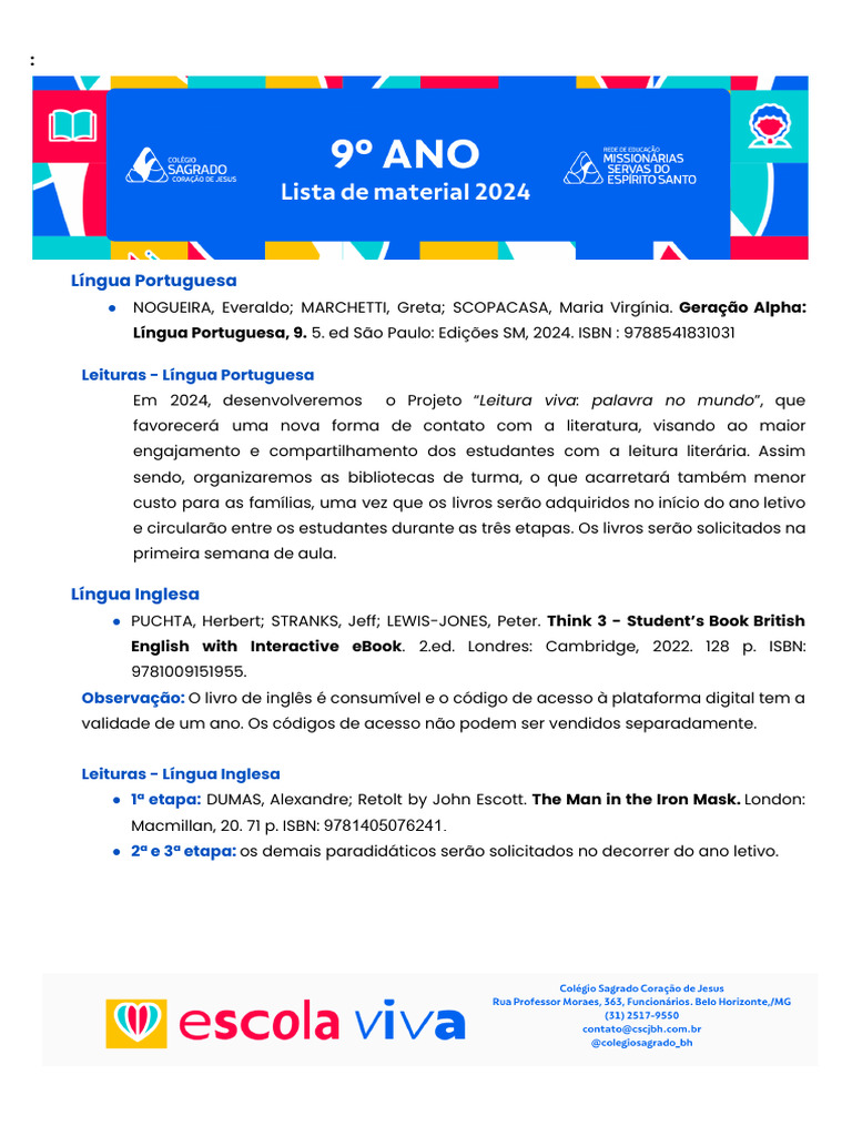 Lista de Material 9º Ano 2024 CSCJBH PDF