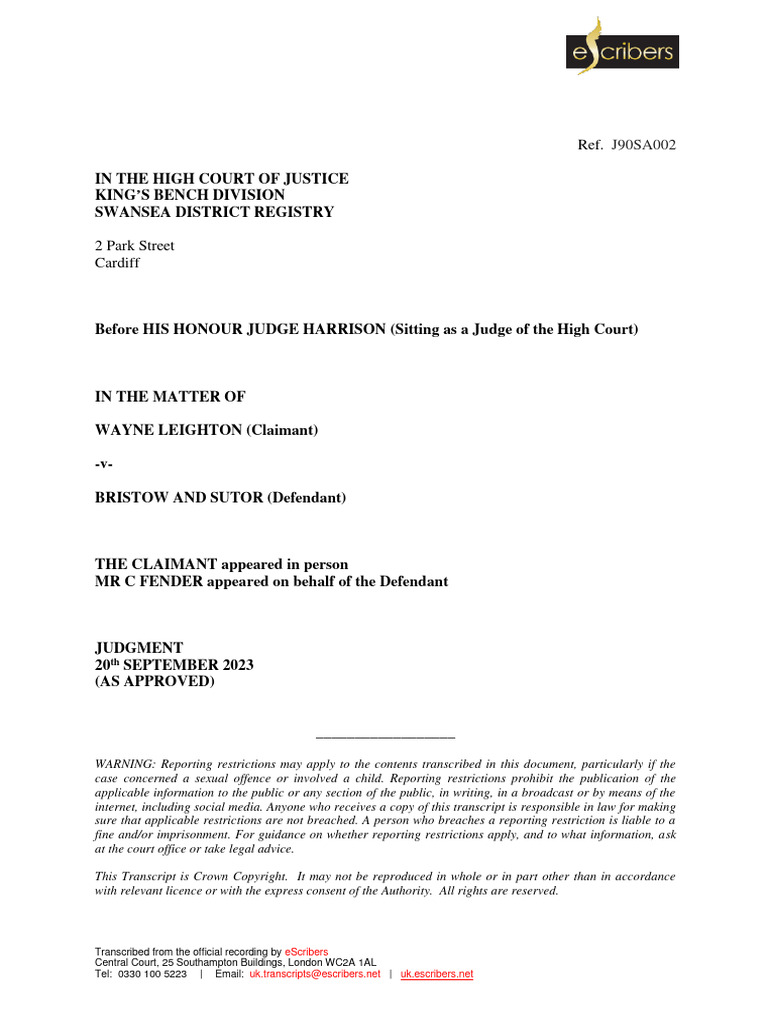 Leighton V Bristow & Sutor Cardiff HCJ Judgment 20230920 V Final | PDF
