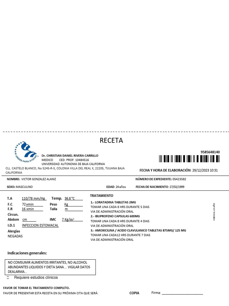 Receta médica para infección estomacal | PDF