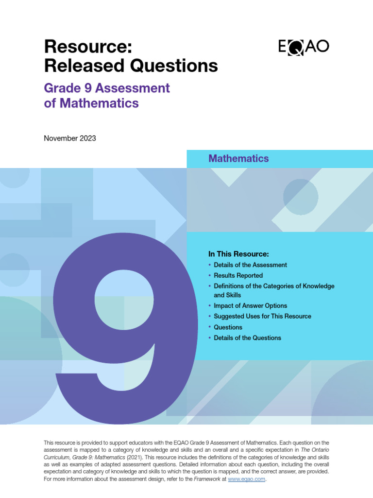 Released questions grade 9 assessment of mathematics november 2023 pdf