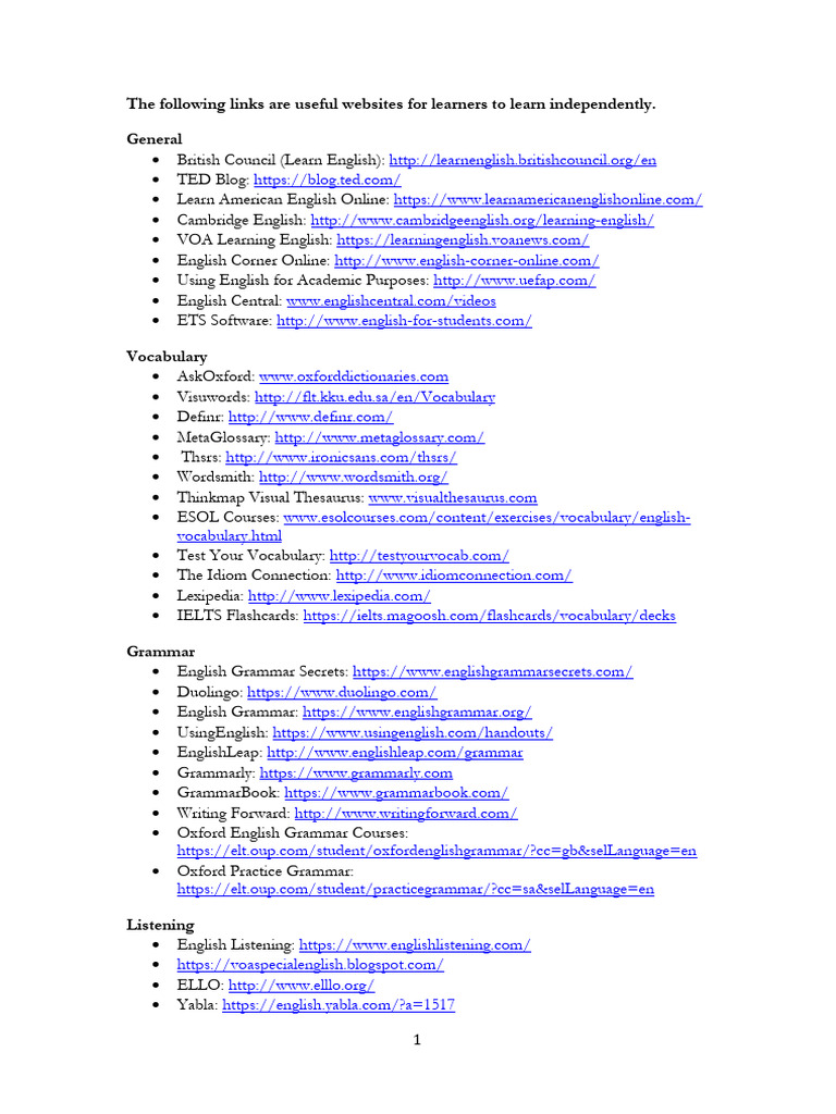 Essential Online Resources for English Learners | PDF | English As A ...