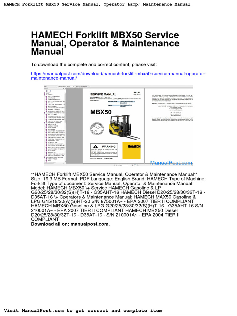 Hamech Forklift Mbx50 Service Manual Operator Maintenance Manual PDF