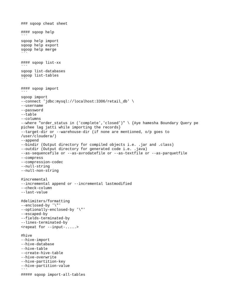 Sqoop Cheat Sheet | PDF | Computers
